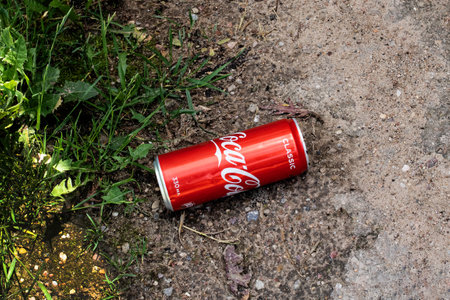 BELARUS, MINSK - JUNE 22, 2020: Tin can of Coca cola in the grass close up