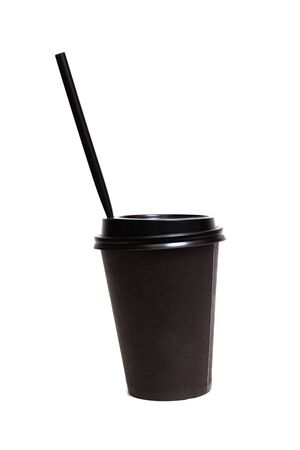 Black paper cup of coffee isolated on a white backgroundの写真素材
