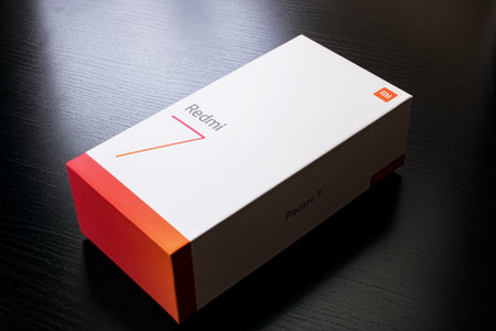 BELARUS, NOVOPOLOTSK - JULY 04, 2020: Packing box phone Xiaomi Redmi 7 close up