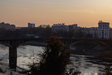 BELARUS, VITEBSK - OCTOBER 21, 2019: View of the bridge at sunset