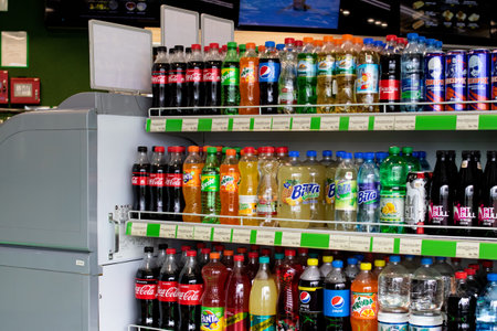 BELARUS, VITEBSK - SEPTEMBER 10, 2020: Beverage bottles on store shelves close up