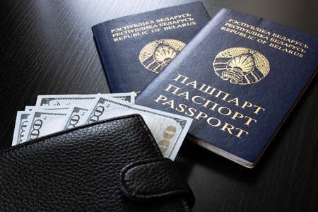 Belarusian passport and money dollars on wooden table close upの写真素材