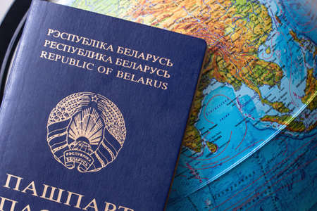 Belarusian passport on the map background close upの写真素材
