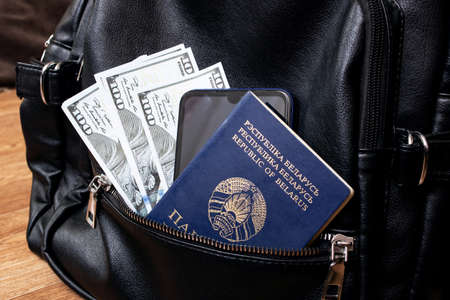 Passport and dollars in the bag close upの写真素材