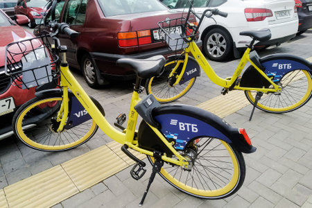 BELARUS, NOVOPOLOTSK - SEPTEMBER 29, 2020: Bicycle rental on streetのeditorial素材