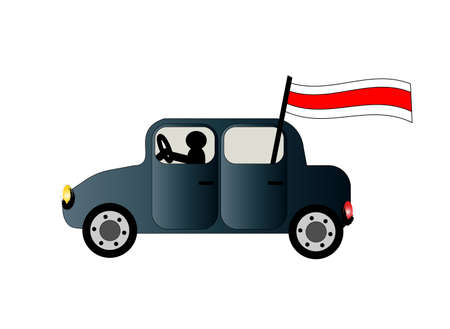 Blue car with a white-red-white flag, vector illustration, protests in Belarusのイラスト素材