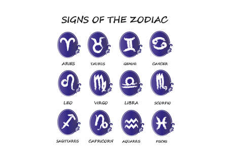 Zodiac signs in purple frame with captions on white background, vector illustrationのイラスト素材