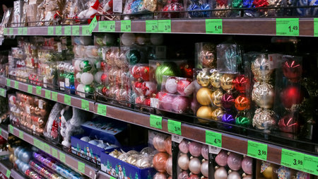 NOVOPOLOTSK, BELARUS - NOVOMBER 17, 2020: Decorations for Christmas tree on store shelves close upのeditorial素材