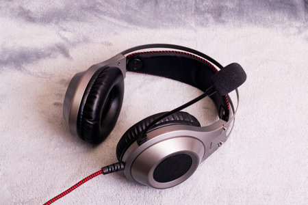 Big headphones on a gray background closeup