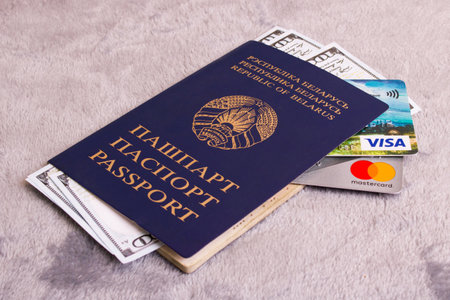 BELARUS, NOVOPOLOTSK - 26 DECEMBER, 2020: Passport and visa and mastercard cards closeupのeditorial素材