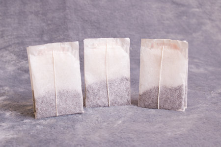 Tea bags close up on a gray backgroundの写真素材