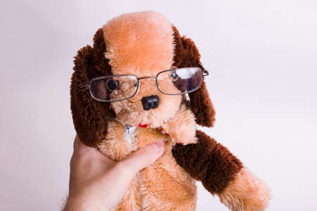 Hand holding a plush toy with glasses close up