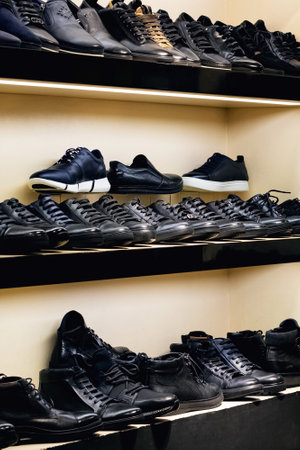 BELARUS, MINSK - DECEMBER 03, 2019: Men's shoes on store shelves close upのeditorial素材