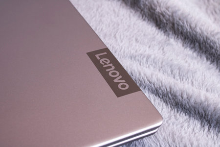 NOVOPOLOTSK, BELARUS - 06 FEBRUARY, 2021: Lenovo ideapad laptop on a gray background