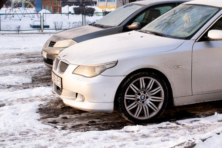 BELARUS, NOVOPOLOTSK - 20 FEBRUARY, 2021: Car parked in the snow close upのeditorial素材