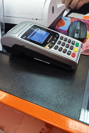 BELARUS, NOVOPOLOTSK - 22 FEBRUARY, 2021: Terminal for payment by credit card close upのeditorial素材