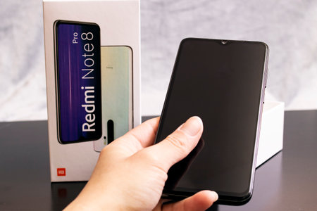 BELARUS, NOVOPOLOTSK - 25 FEBRUARY, 2021: Xiaomi redmi 8 pro phone box close upのeditorial素材