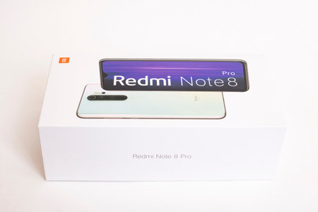 BELARUS, NOVOPOLOTSK - 25 FEBRUARY, 2021: Xiaomi redmi 8 pro phone box close upのeditorial素材