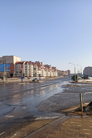 BELARUS, NOVOPOLOTSK - 22 FEBRUARY, 2021: Cityscape under blue sky close upのeditorial素材