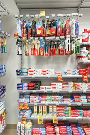 BELARUS, NOVOPOLOTSK - 22 FEBRUARY, 2021: Different toothbrushes on a shop windowのeditorial素材