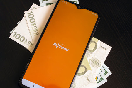 BELARUS, NOVOPOLOTSK - 16 MARCH, 2021: App Payoneer on the phone display close upのeditorial素材