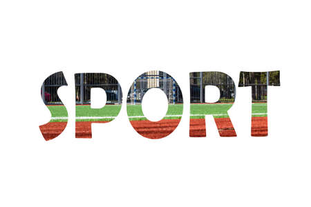 Word sport made from soccer field isolated on white close up