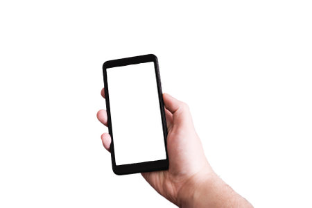 Phone in hand with isolated white display on white background close up