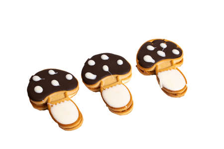 Mushroom shaped cookies isolated on a white backgroundの写真素材