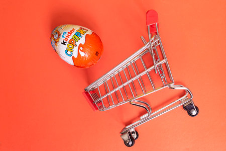 BELARUS, NOVOPOLOTSK -16 MAY, 2021: Kinder surprise in the shopping cart close upのeditorial素材
