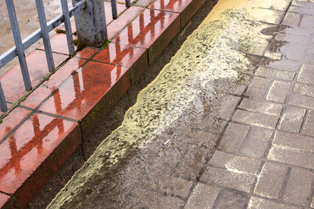 A puddle of tiles on the sidewalk close upの写真素材