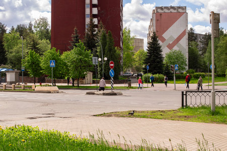 NOVOPOLOTSK, BELARUS - 21 MAY, 2021: Big roads in the city in summer and cloudy skyのeditorial素材