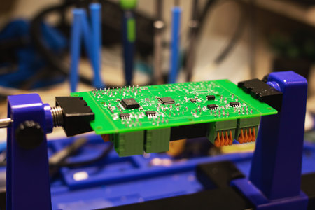 Soldering process on a green PCB close up
