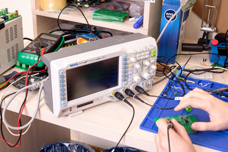 BELARUS, NOVOPOLOTSK - 30 MAY, 2021: Graphs of the Rigol oscilloscope close up