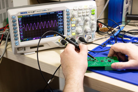 BELARUS, NOVOPOLOTSK - 30 MAY, 2021: Graphs of the Rigol oscilloscope close up