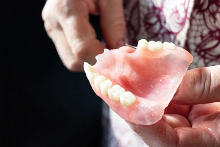False jaw in womans hand close up, stomatologyの写真素材