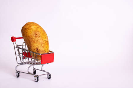 Potatoes in shopping basket on gray background, copy spaceの写真素材