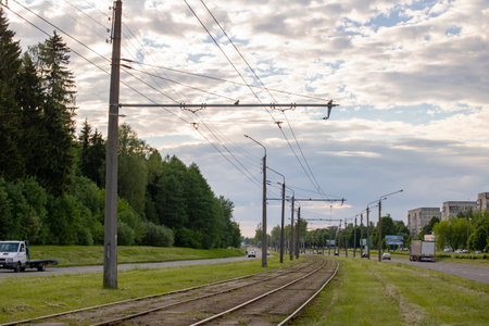 BELARUS, NOVOPOLOSK - 09 JUNE, 2021: Tram track rails and carsのeditorial素材