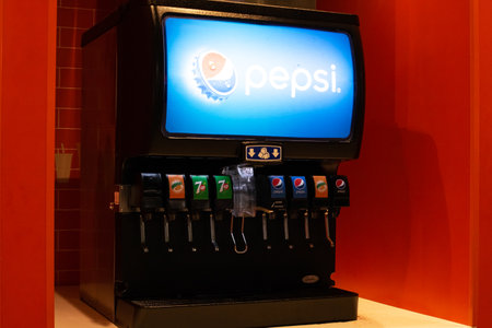 BELARUS, NOVOPOLOTSK - 02 JULE, 2021: Beverage dispensing machine in KFCのeditorial素材