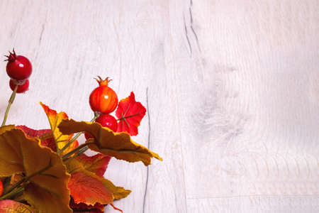 Bouquet of autumn leaves and berries on wooden background, copy spaceの写真素材
