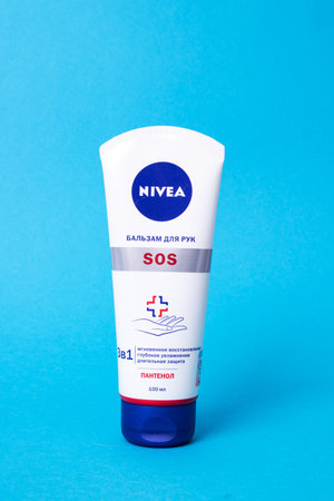 BELARUS, NOVOPOLOTSK -24SEPTEMBER, 2021: Hand cream nivea sos close upのeditorial素材