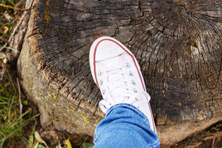 Foot in a white boot on a tree stump in the forestの写真素材
