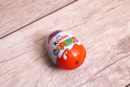 BELARUS, NOVOPOLOTSK - 18 OCTOBER, 2021: Chocolate egg kinder surprise close up