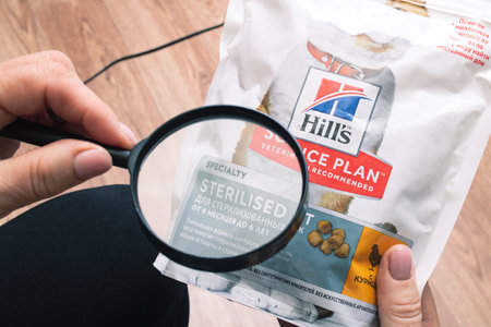 BELARUS, NOVOPOLOTSK - 29 OCTOBER, 2021: Hills cat food packaging in hand close upのeditorial素材