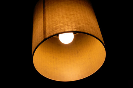 Yellow retro lamp on the ceiling in the dark close upの写真素材