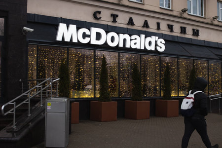 Belarus, Minsk - 20 march, 2022: McDonald's sign on the building close upのeditorial素材