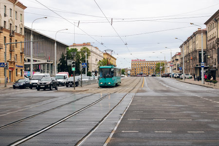 Minsk, Republic of Belarus - june 02, 2022: A tram rides on the street Minskのeditorial素材