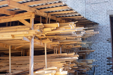 Folded finished boards at the sawmill close up