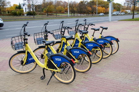 Belarus, Minsk - 28 october, 2022: Rental bikes in a row close upのeditorial素材
