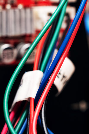 Multi colored wires on an electronic device, close upの写真素材