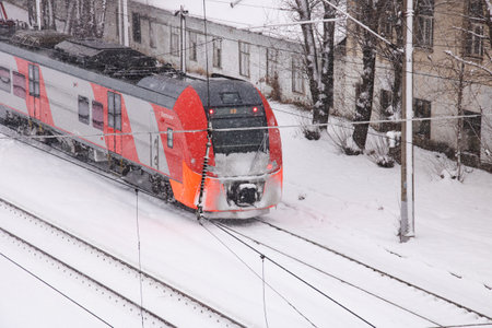 Belarus, Minsk - December 18, 2022: High-speed train among the snowのeditorial素材